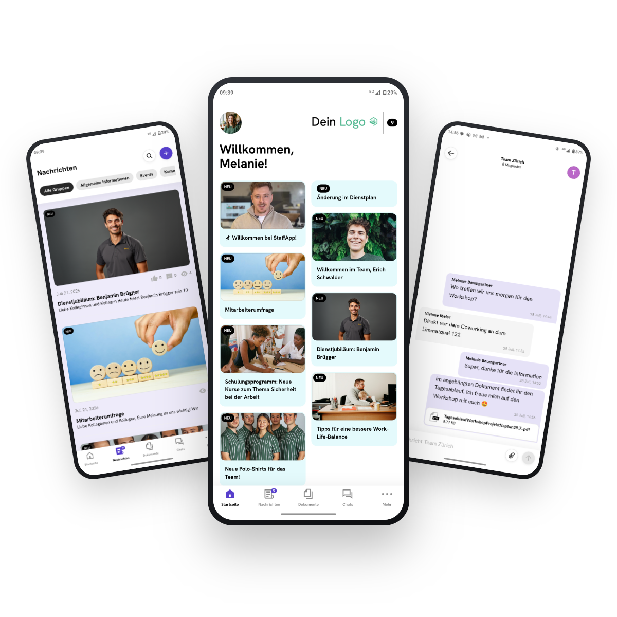 StaffApp Mitarbeitenden-App auf drei Smartphones